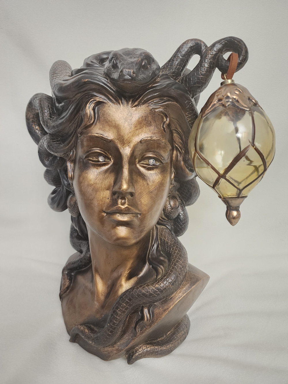 Bronze Medusa Lightup Bust with Amber Glass Lantern - Decorative Home Art